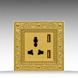 BADORA Classic Aristocratic Pattern - Bộ ổ cắm 3 chấu + 2 USB - Đồng nguyên khối, mạ vàng 24K