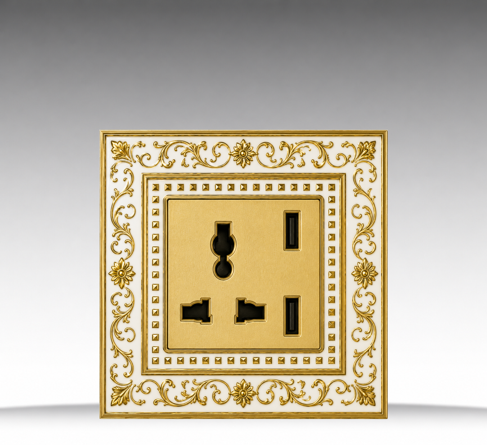 BADORA Gold Plated Swan - Bộ ổ cắm đơn 3 chấu + USB, hoa văn mạ vàng 24K